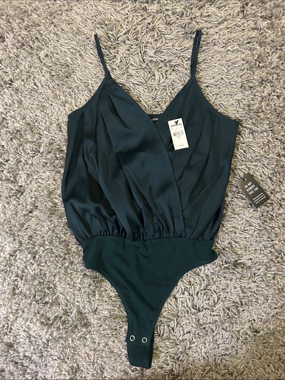 Express Satin Dark Green Bodysuit - Spaghetti Strap Wrap Front NWT Size XS